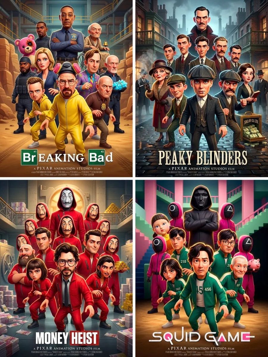 Pixar 3D CGI animated movie poster style ensemble cast