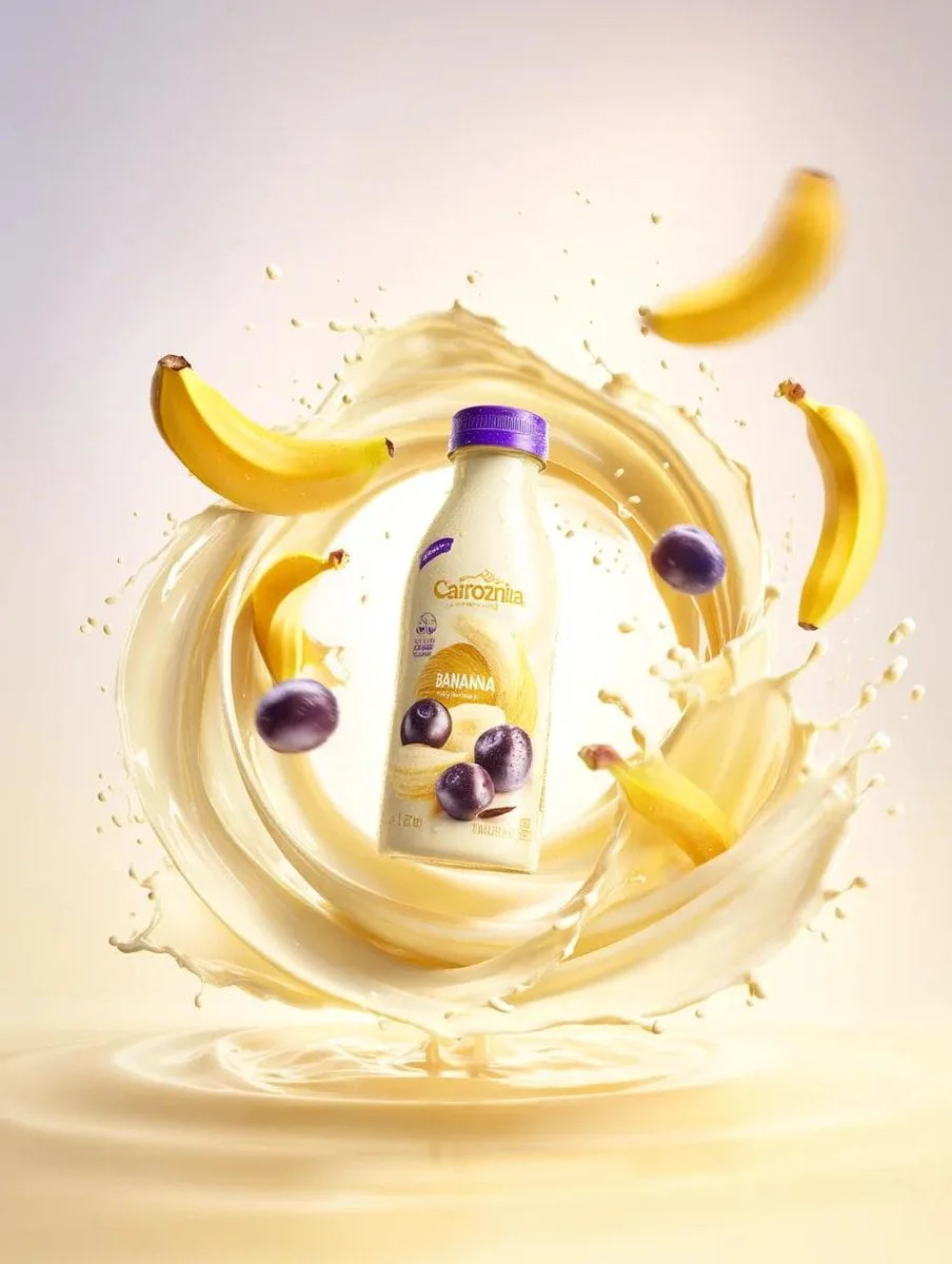 Premium banana milk drink bottle surrounded by swirling
