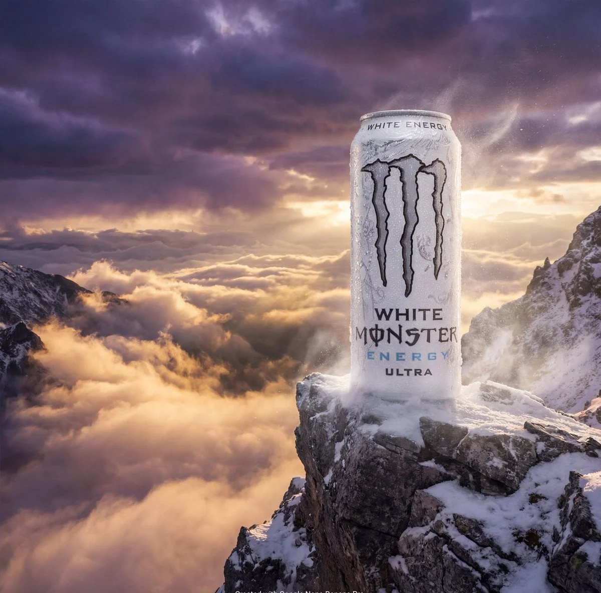 Product ad style AI image on a mountain peak above