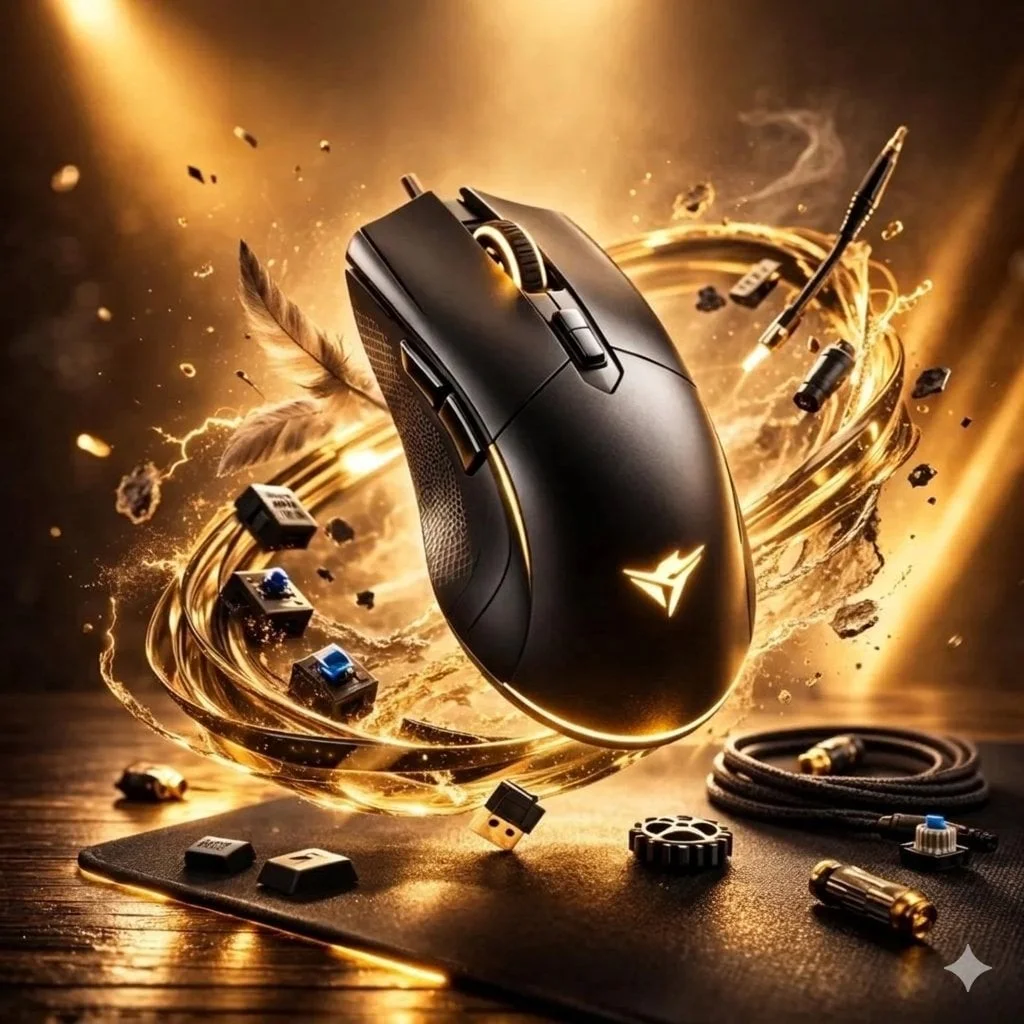 Ultra-realistic gaming mouse floating above a desk