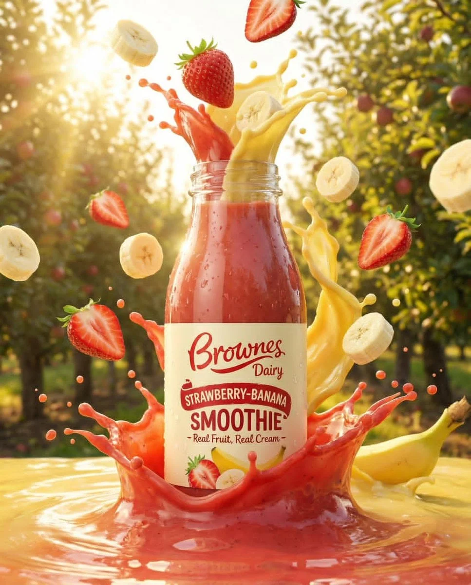Ultra-realistic product ad of a premium fruit drink