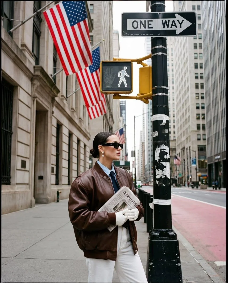 Ultra-realistic street fashion editorial photograph in