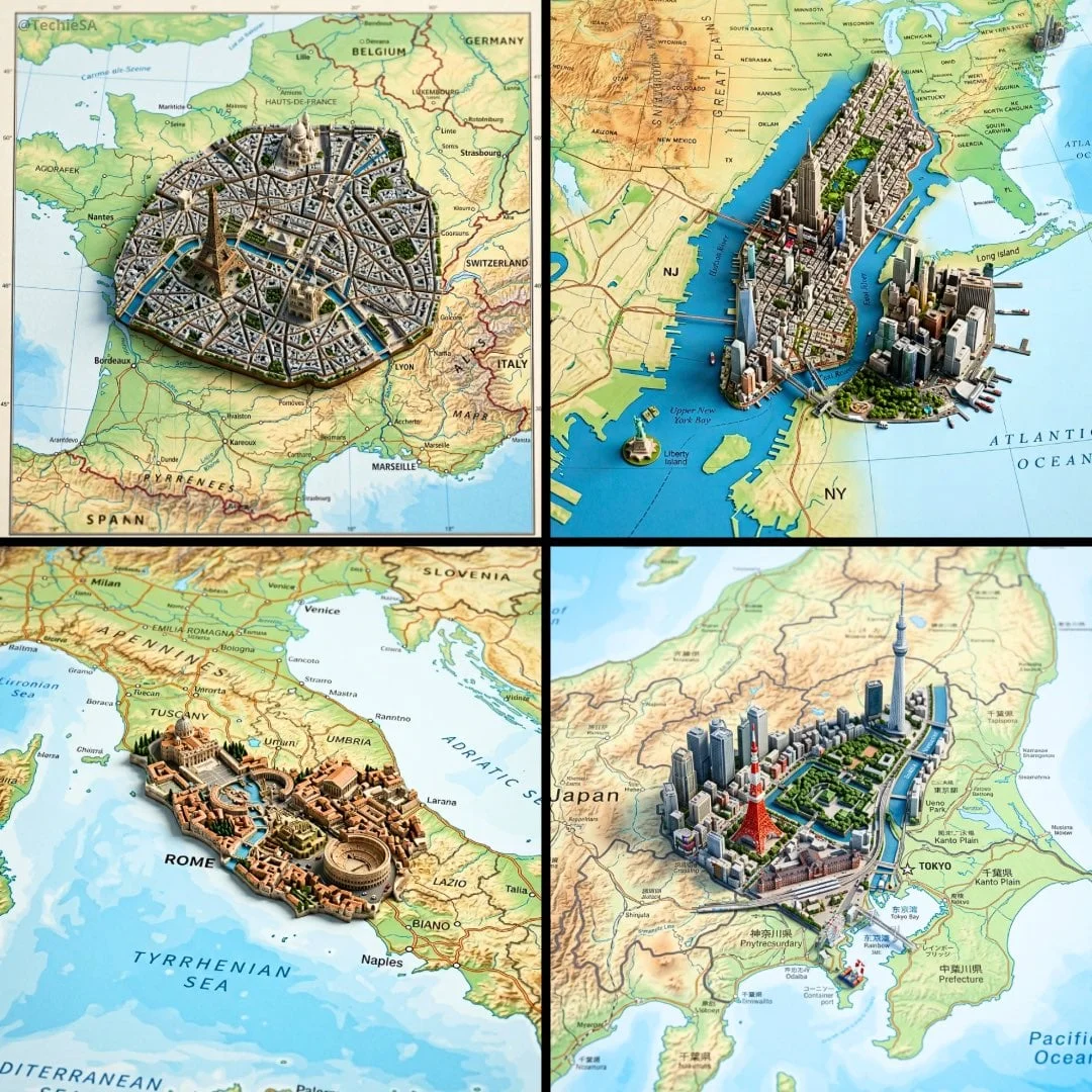 Ultra-realistic top-down geographic map with precise