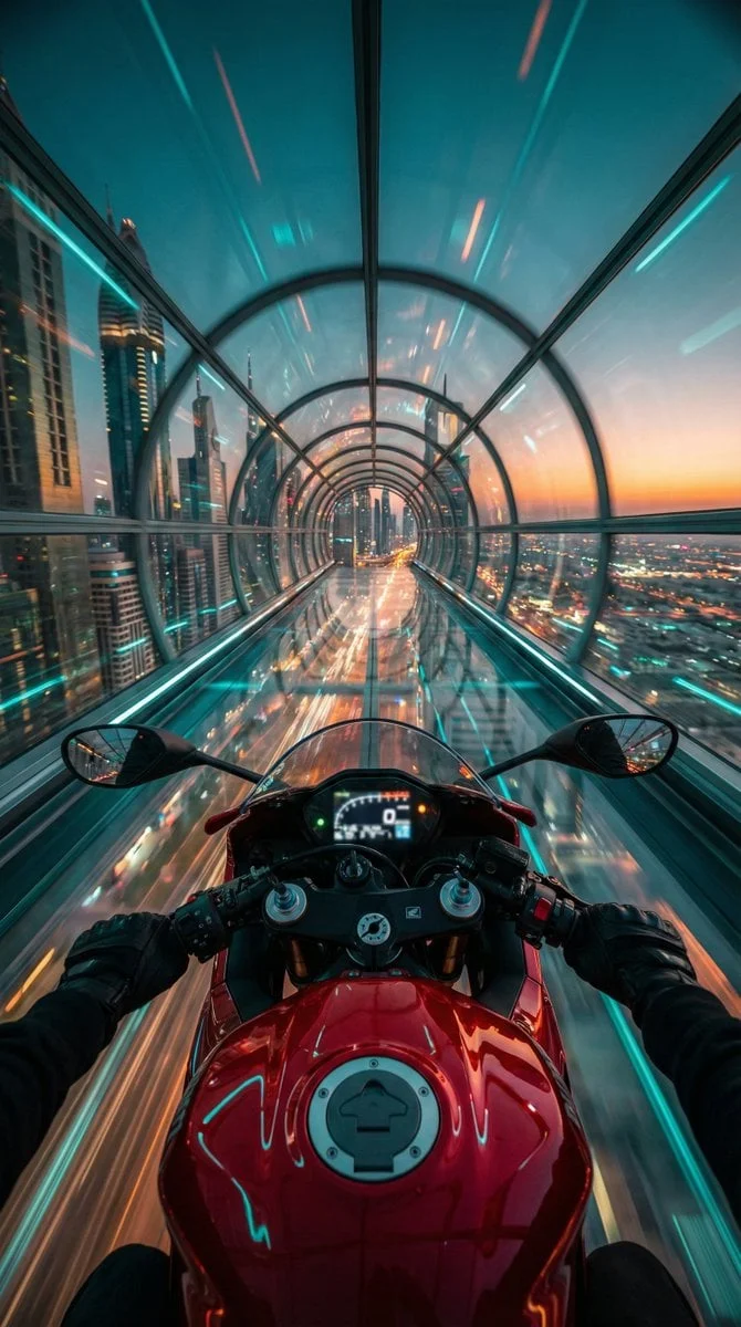 Red futuristic sport motorcycle POV perspective