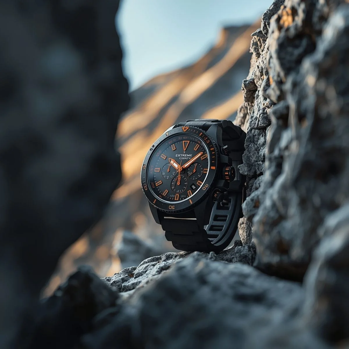 A rugged matte-black chronograph watch with bold orange
