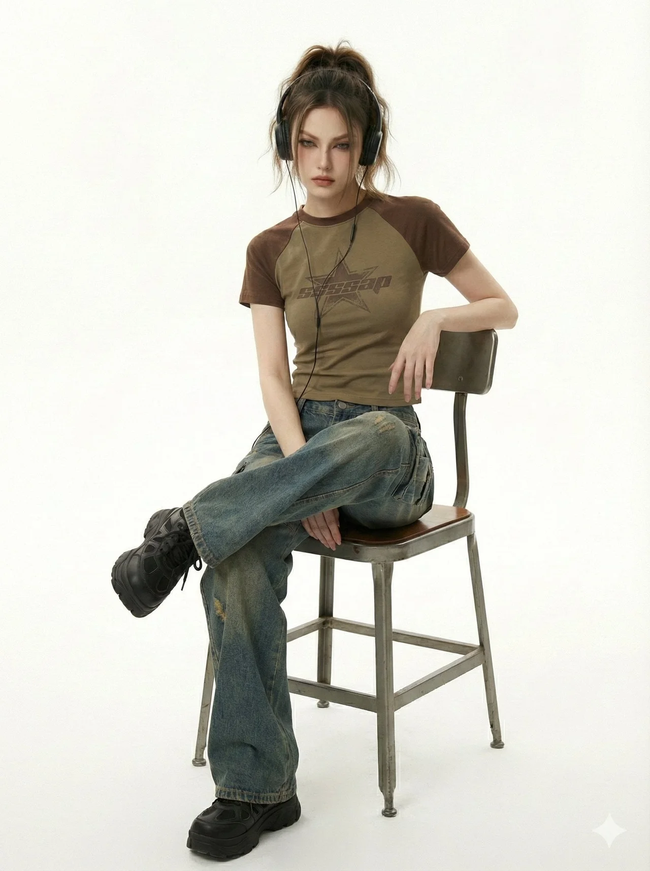 She kneels in a pristine white studio shot from a low