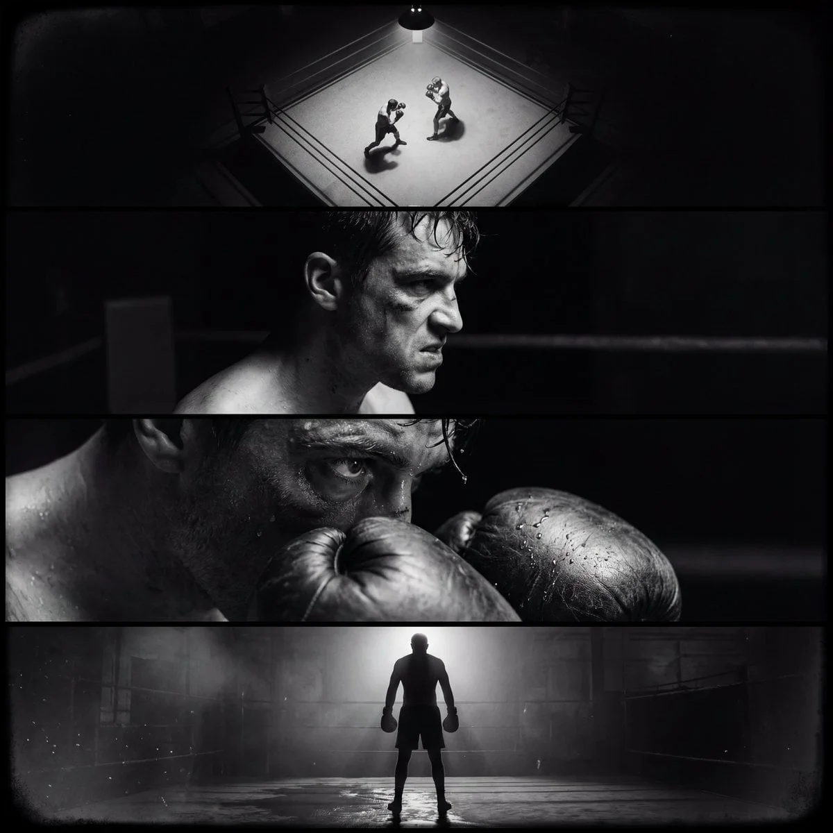 Create a single film noir–style cinematic image divided