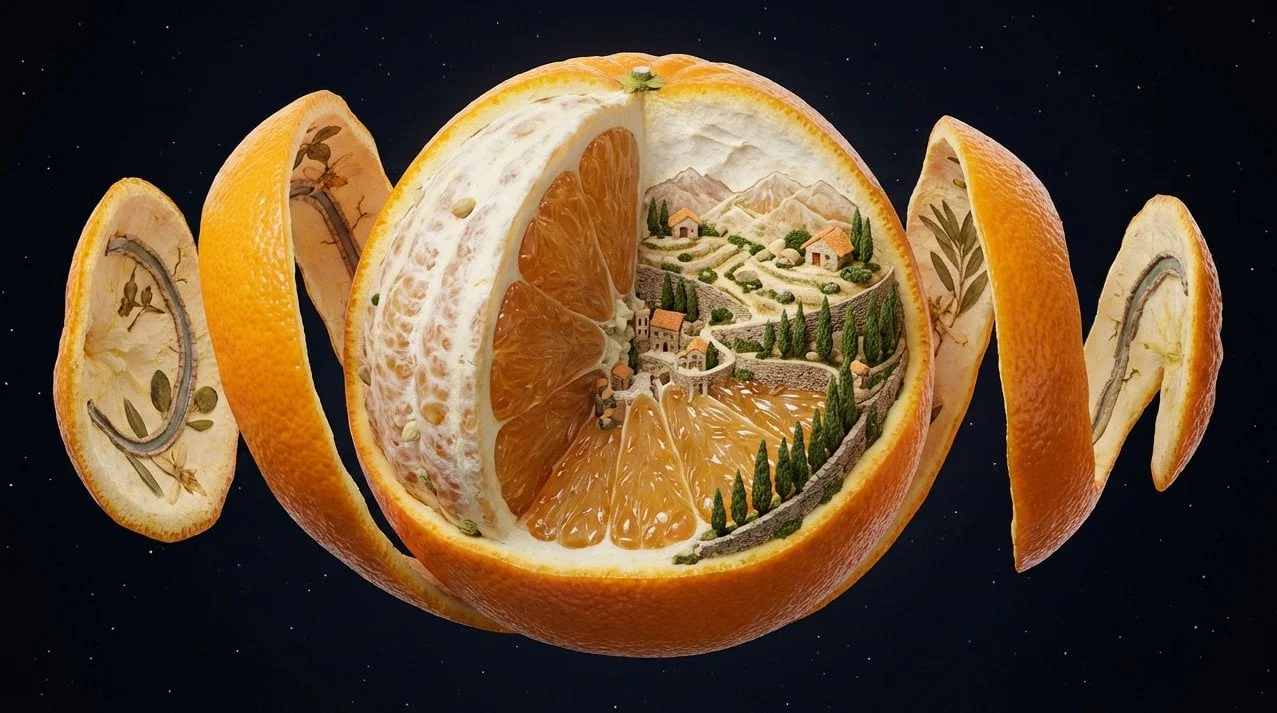 A single OBJECT suspended in space frozen mid-peel as