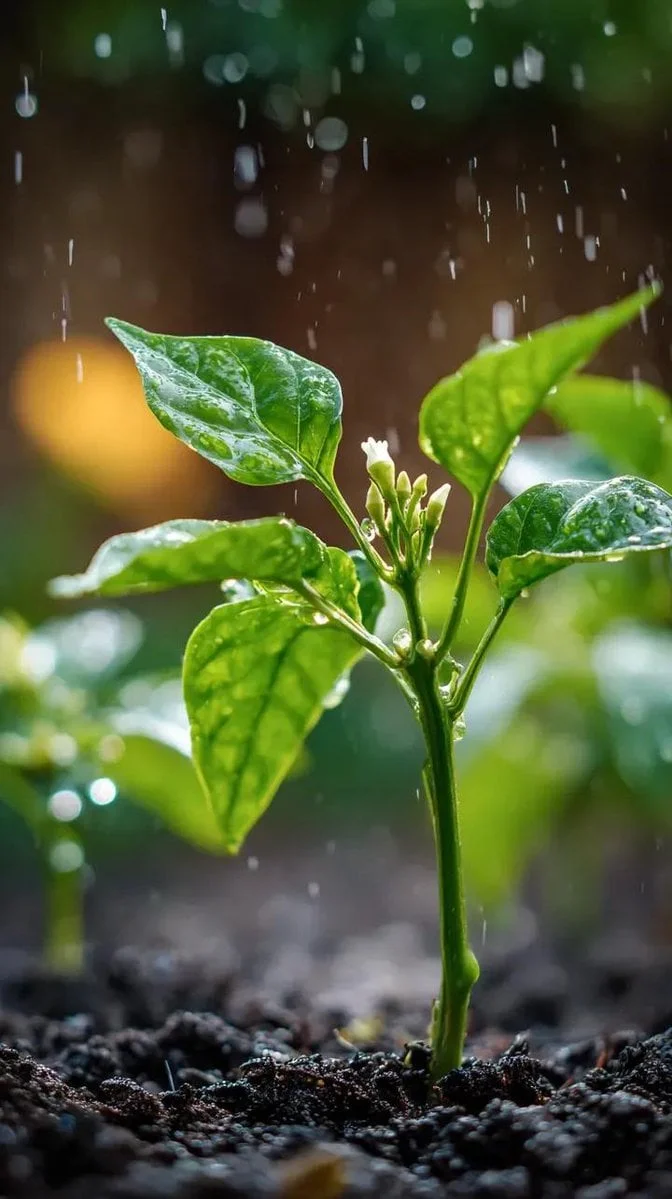 A small chili plant with glossy green leaves and one