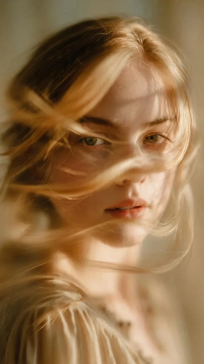 A soft-focus cinematic portrait of a young woman with