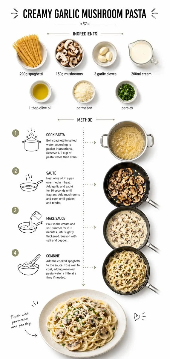 Create step-by-step recipe infographic for creamy garlic