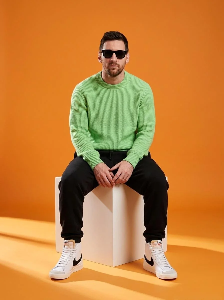 A stylish male model sitting on a white cube in a
