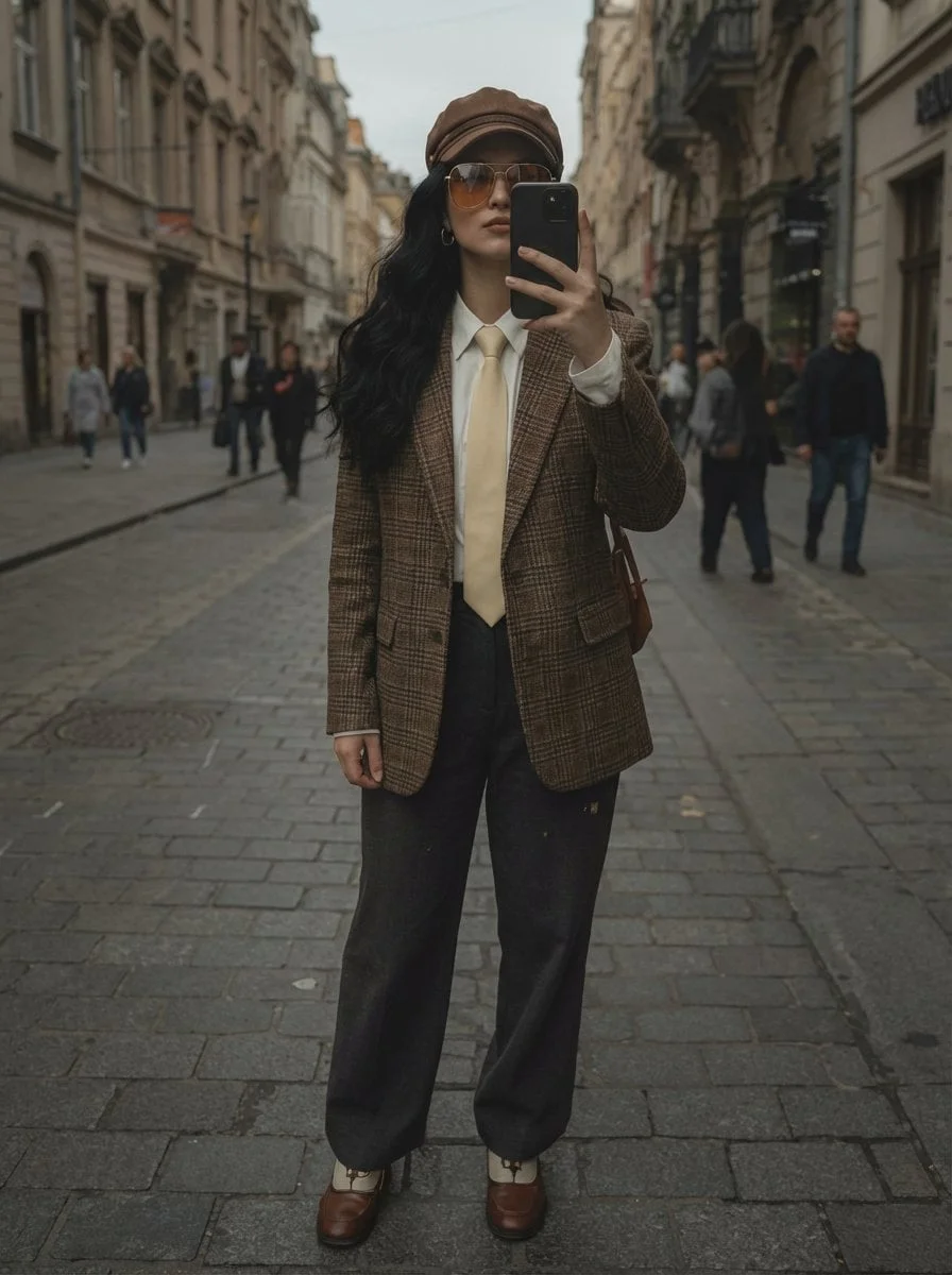 A stylish woman taking a mirror selfie on a European