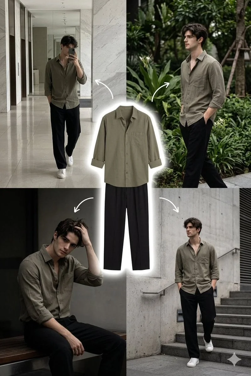 A stylish young man with medium-length wavy dark hair