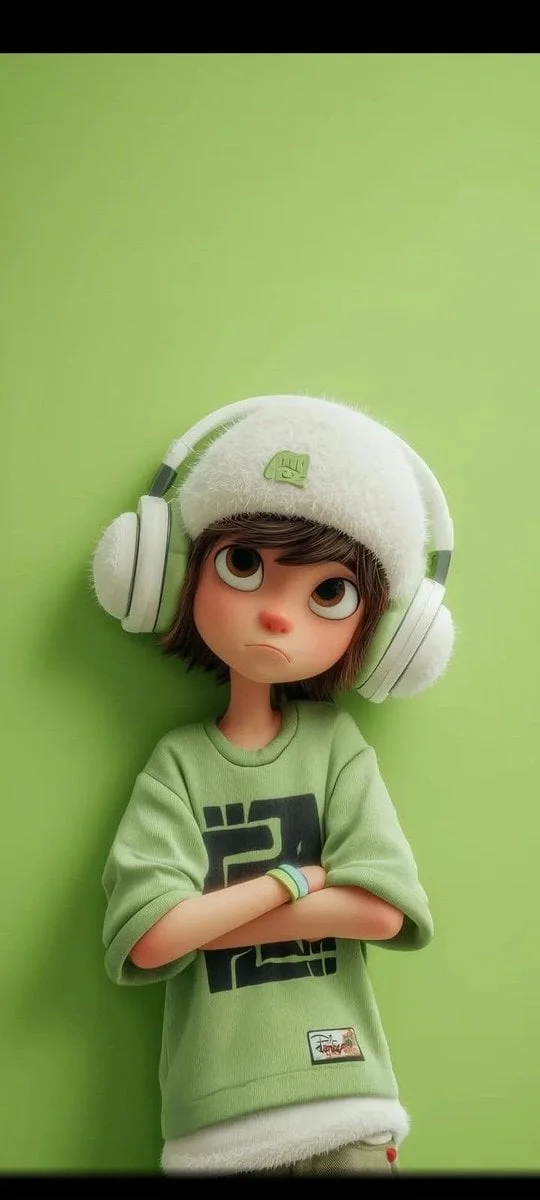 A stylized 3D cartoon character of a young boy with big