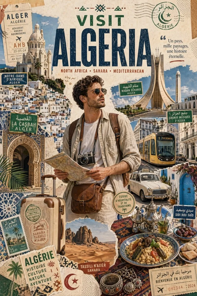 Create a stylized travel poster graphic collage for