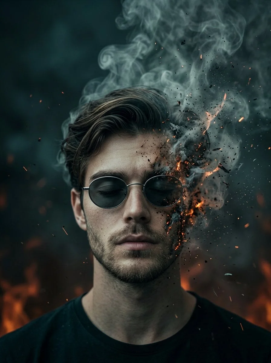 A surreal cinematic portrait of a young man with oval