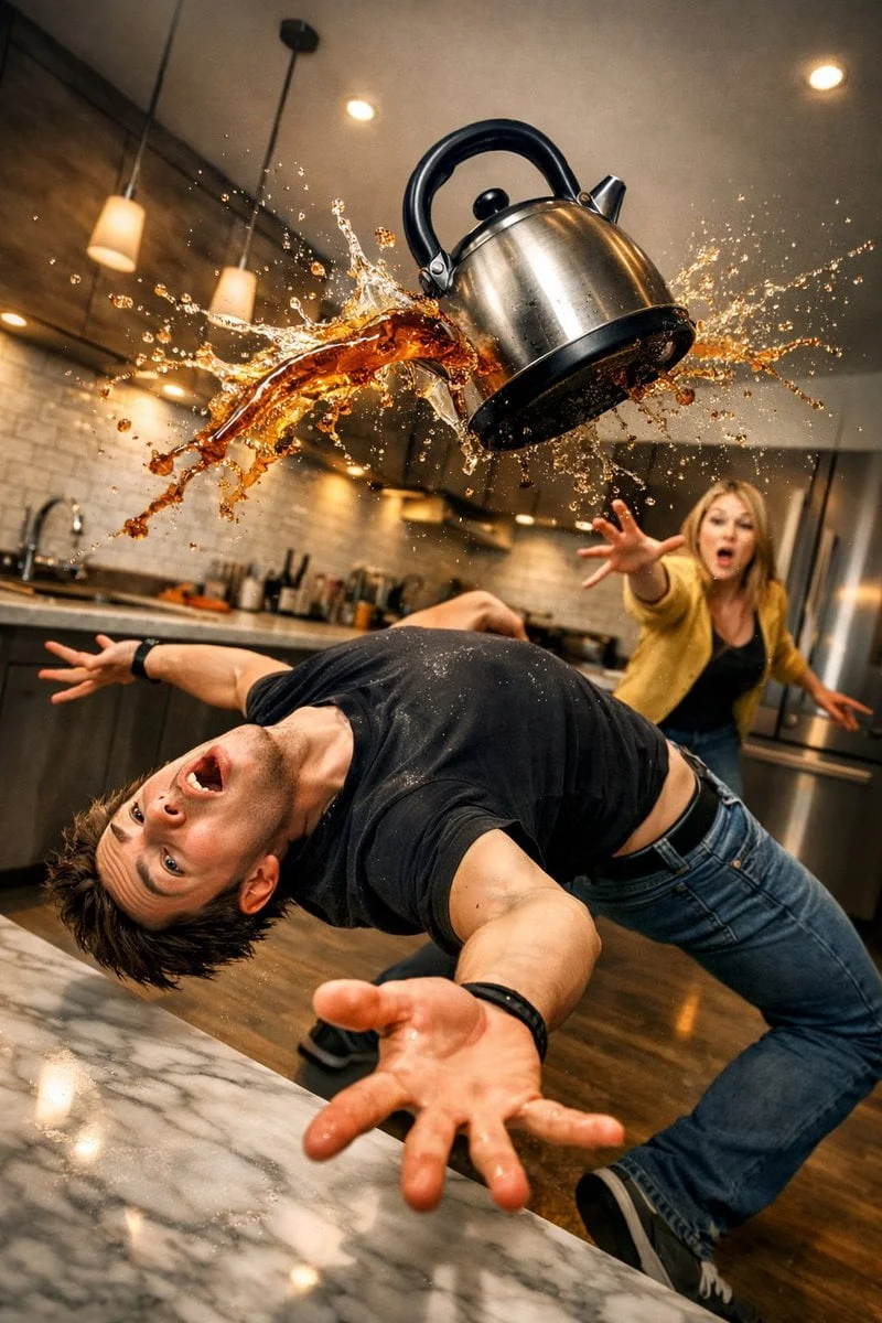 Surreal Comedic Scene Inside a Modern Kitchen: a Young Man Bends Backward in