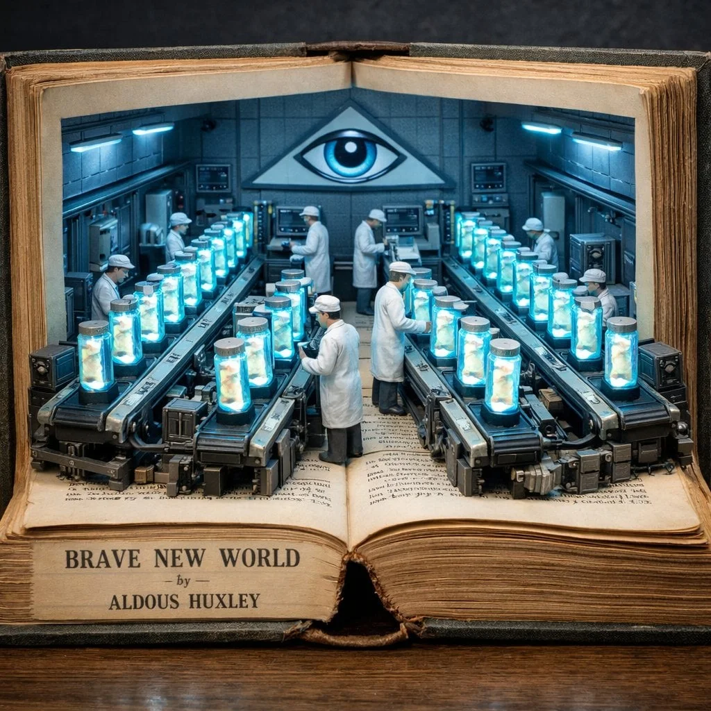 Surreal diorama emerging from an open vintage book of