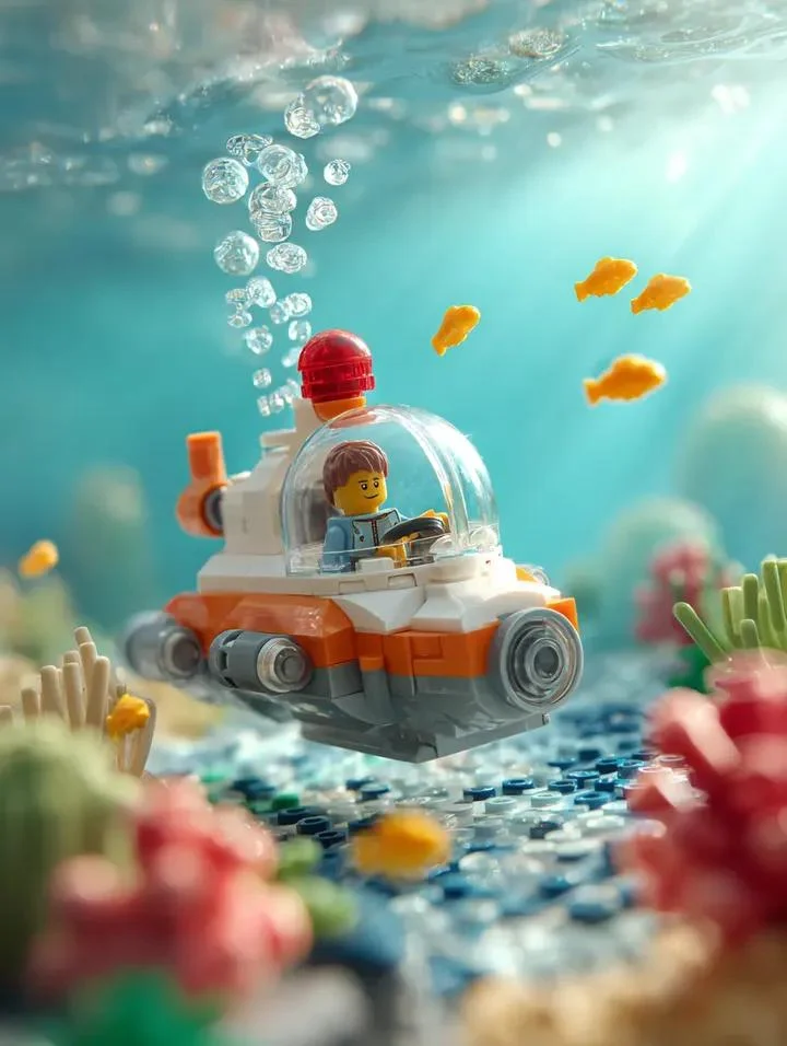 Surrounding the submarine are multiple small bright