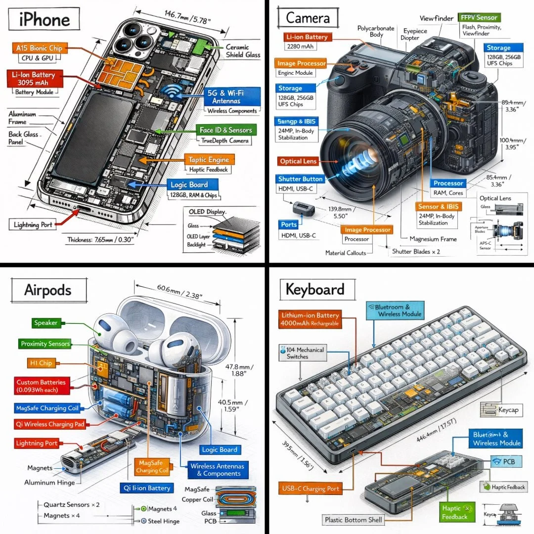 Create a technical infographic of OBJECT with a