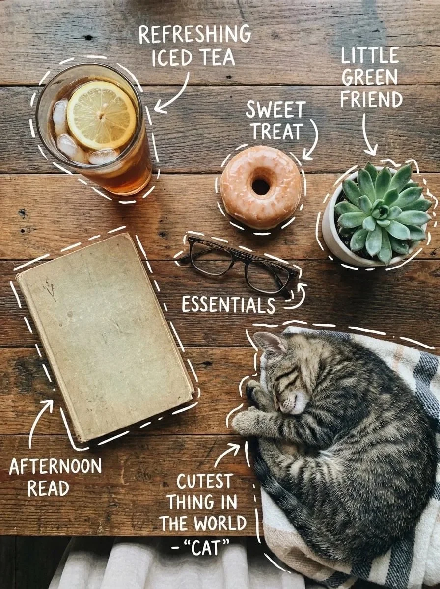 Top-down flat lay on a rustic wooden table cozy