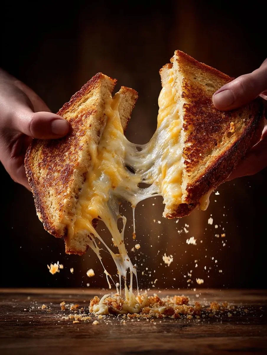 two hands pulling apart a grilled cheese sandwich
