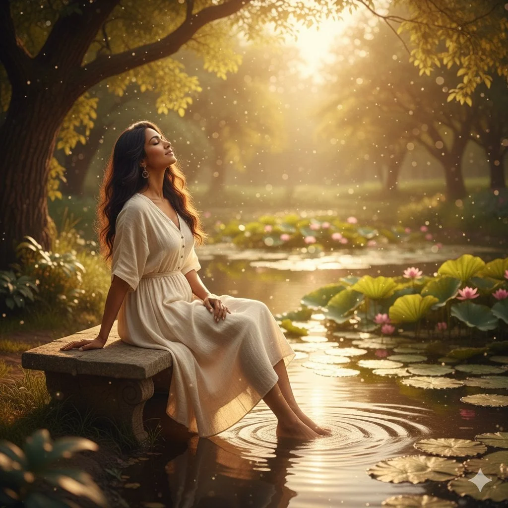 unfolds beside a tranquil pond where gentle ripples
