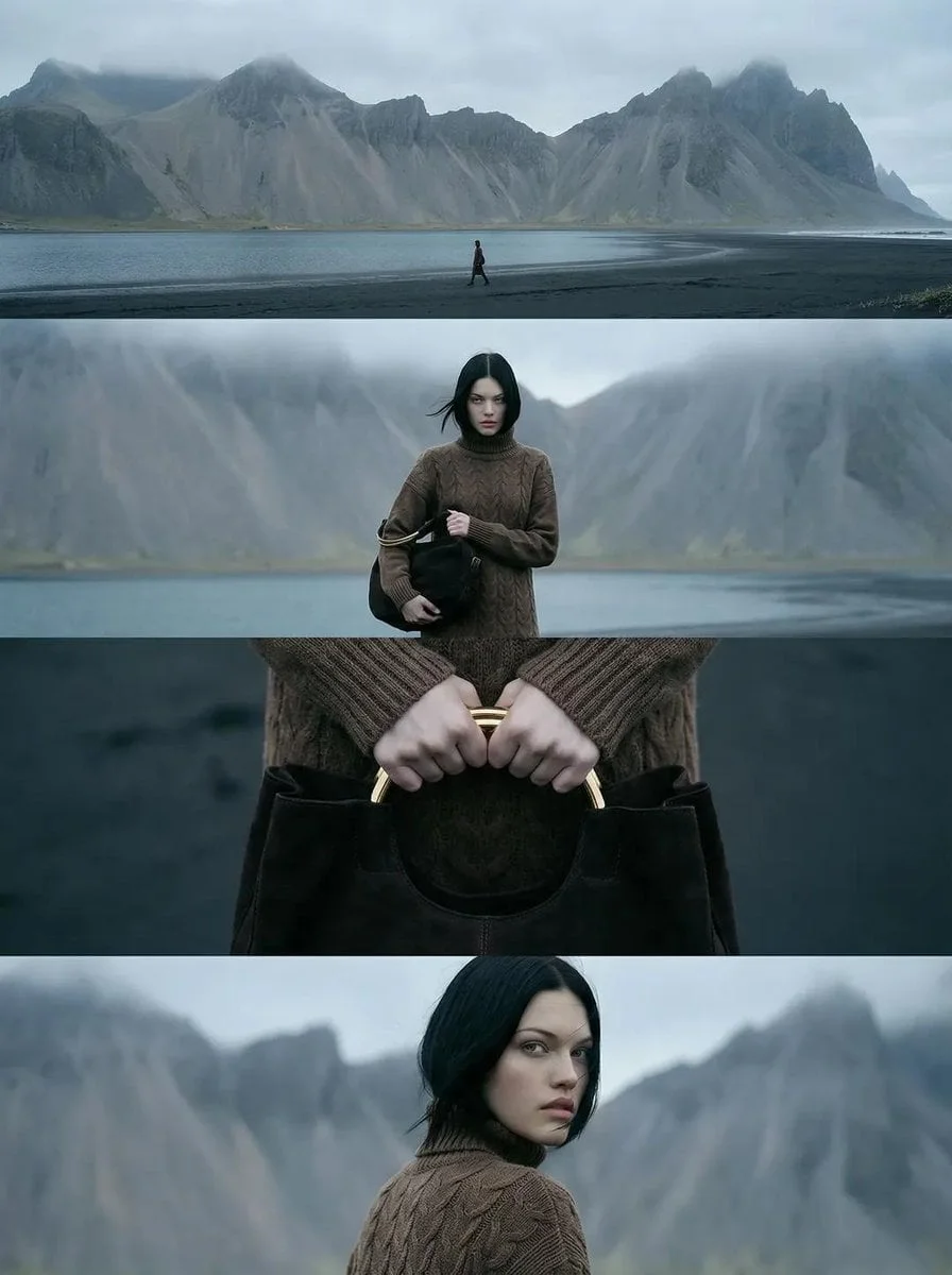 A vertical cinematic editorial image composed of four