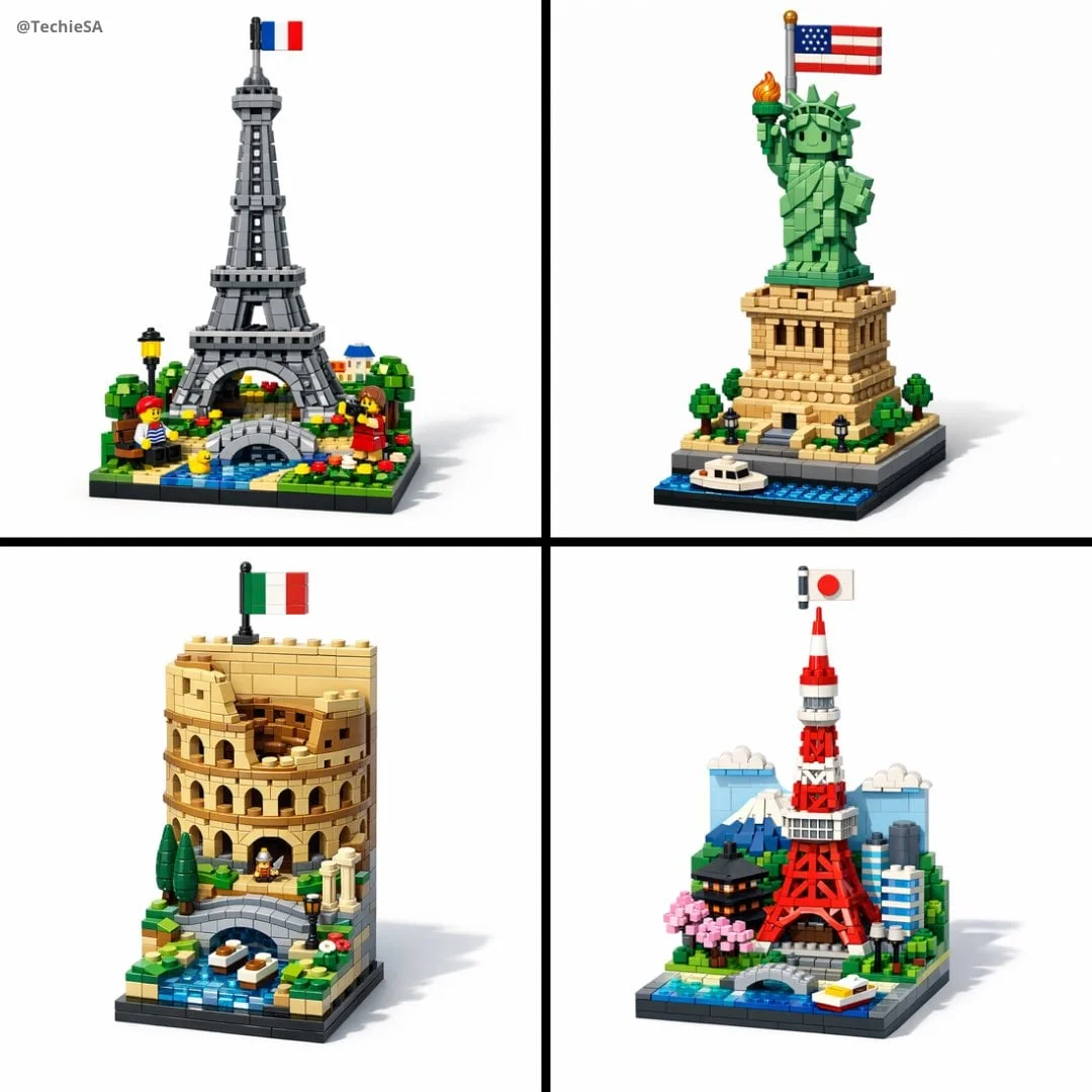 A vertical LEGO diorama showing LANDMARK COUNTRY