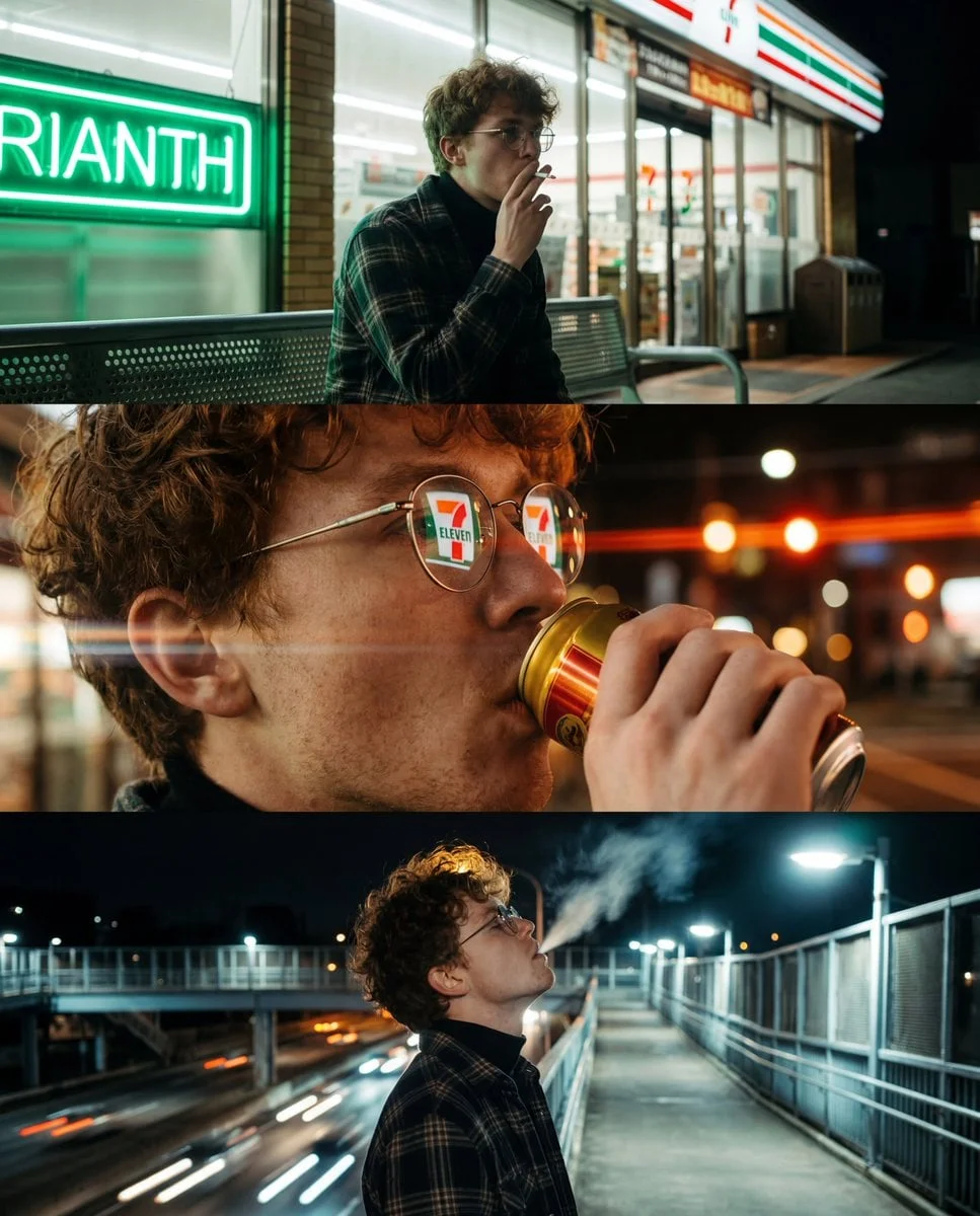 A vertical triptych of three cinematic night-time urban