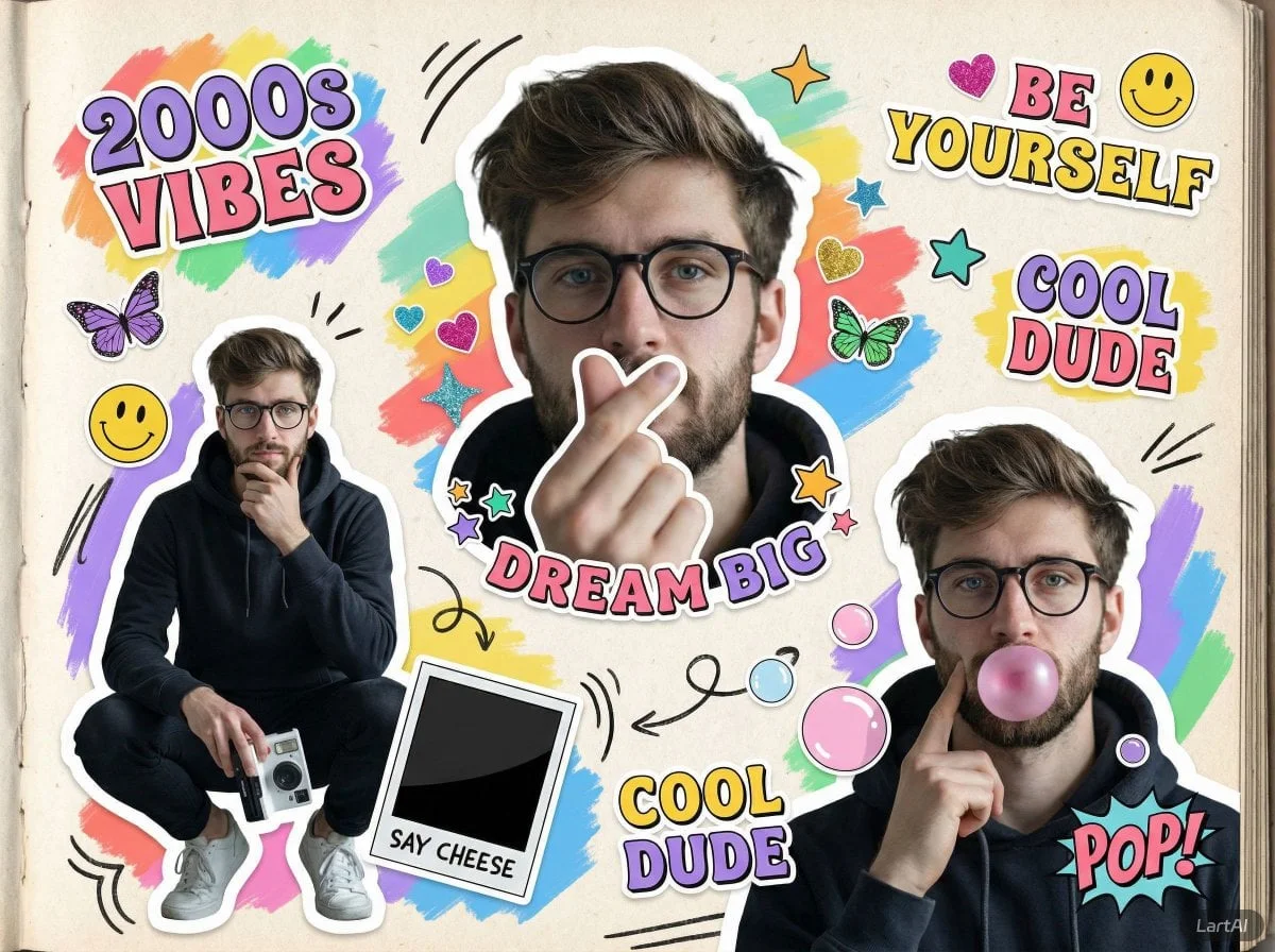 A vibrant 2000s scrapbook-style collage featuring the