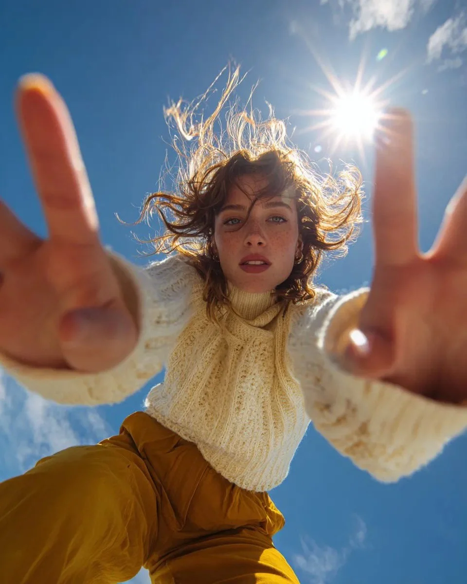 Ultra wide-angle low-angle portrait shot from ground