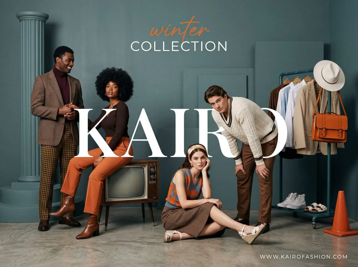 A wide-angle studio fashion advertisement with a