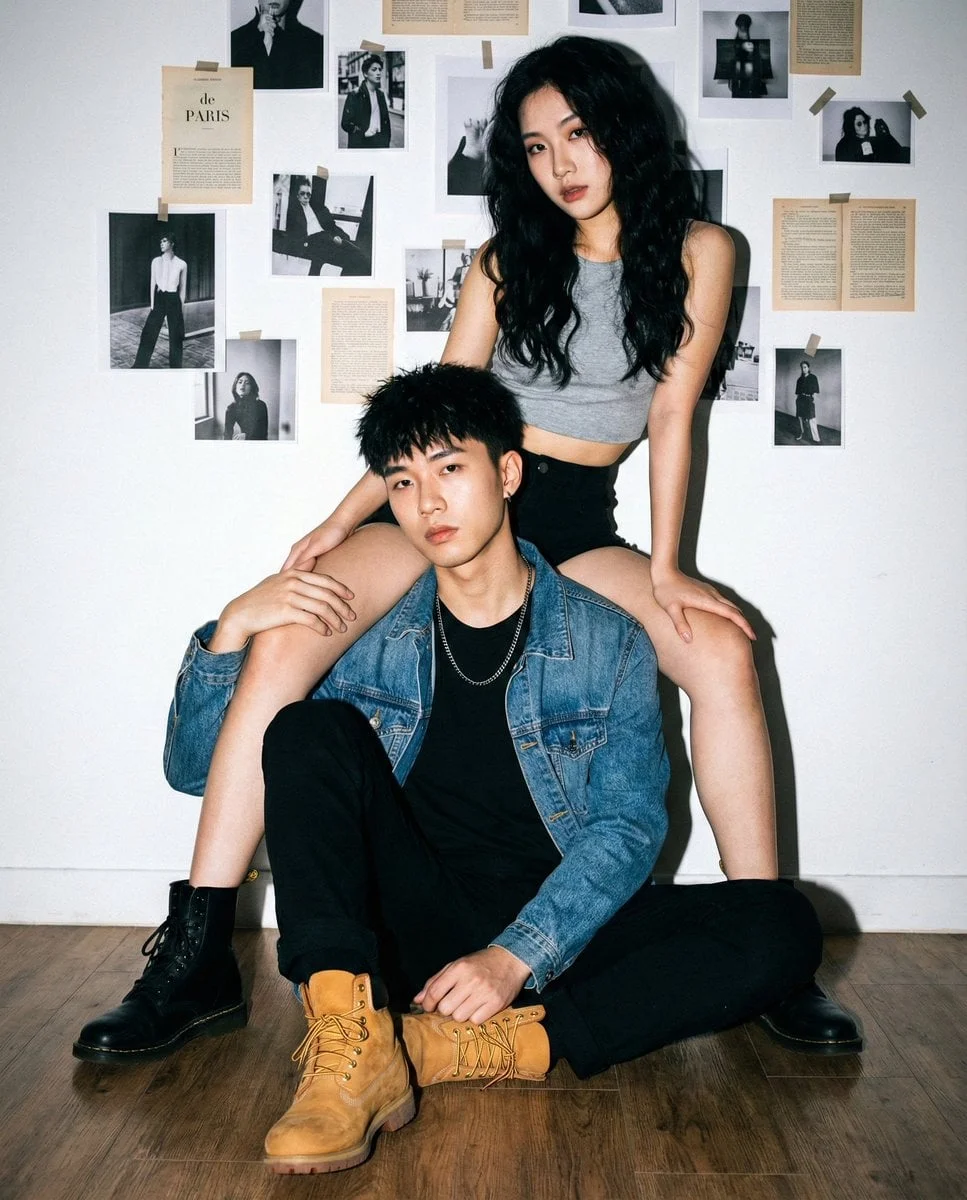 Young Asian couple cool edgy fashion models